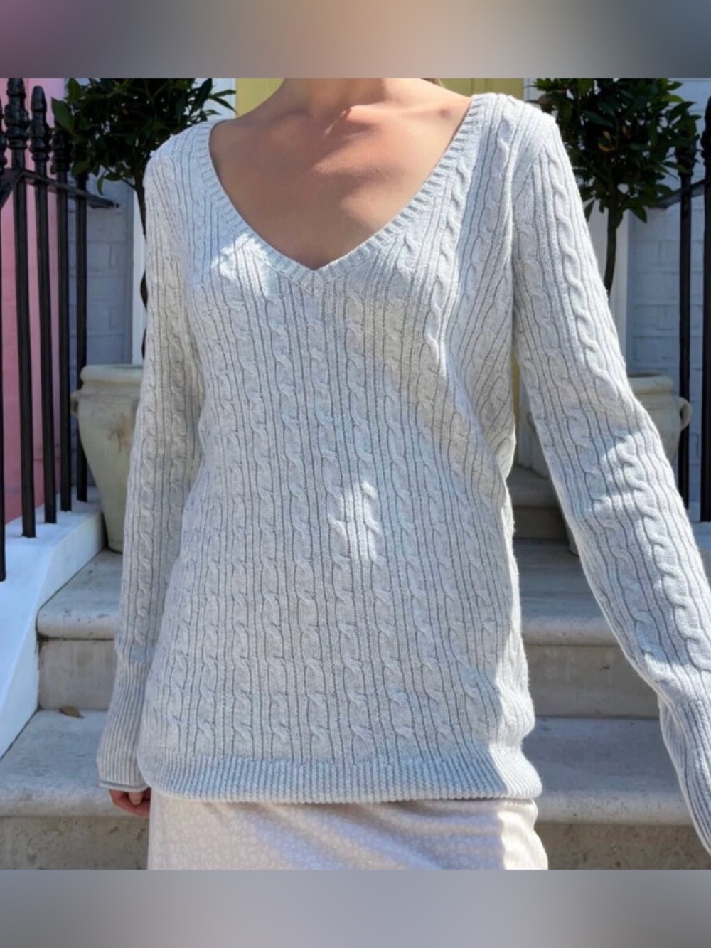 Brandy Melville Light Gray Cable V-Neck Sweater
